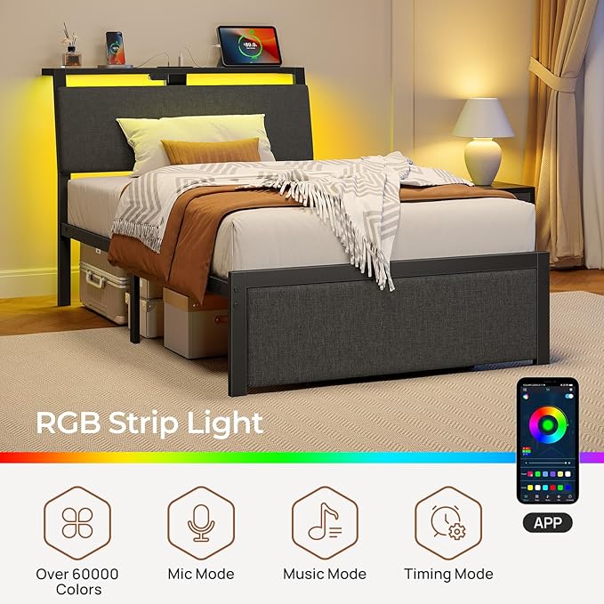 Rolanstar Twin Bed Frame with Ergonomic Headboard Storage & Charging Station, Upholstered Platform Bed with LED Light & Drawer, Heavy Duty Metal Slats, Noise Free, No Box Spring Needed, Grey