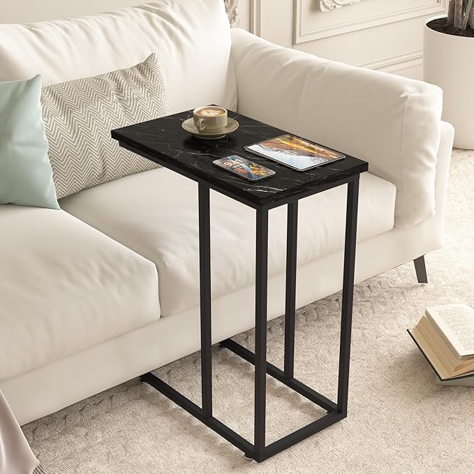 VECELO Universal C-Shaped Side Table, Multi-Functional Snack & TV Tray for Living Room, Bedroom, Black Marble (1 Set)