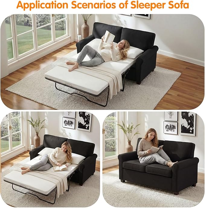 Pull Out Sofa Bed with Mattress, 57" Convertible Sofa Bed Loveseat, Twin Sleeper Sofa Couch with Pocketed Coil Seating, Upholstered Fabric Sofa Bed for Small Spaces,Black | sofa bed, futon sofa bed, sofa bed couch, Sleeper Sofa, pull out sofa bed