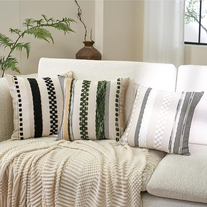Aeckself Boho Throw Pillow Covers 18x18 Inch Set of 2, Farmhouse Decorative Striped Square Pillow Covers Chenille Tufted Pillow Cases Accent Neutral Pillowcase for Living Room Couch Bed, Gray