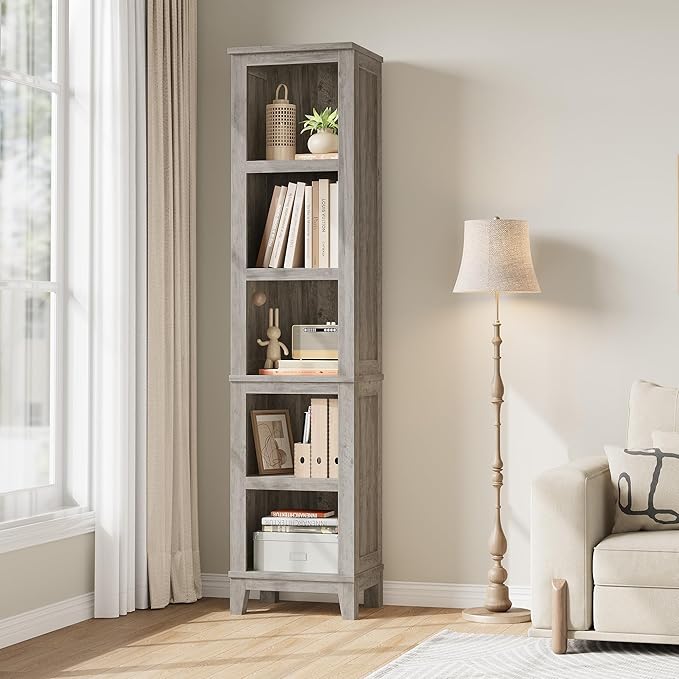 GarveeHome Narrow Bookcase 5 Tier Farmhouse Bookshelf Wooden Bookshelves Rustic Vintage Etagere Oak for Home Office, Living Room, Bed Room, Gray