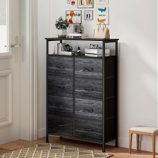 DUMOS Fabric Dresser for Bedroom with 8 Drawers, Tall 8-Drawer Chest of Drawers with Raised Shelf, Storage Tower with Fabric Bins for Closet Organization, Hallway Storage, Black Wood Grain Print