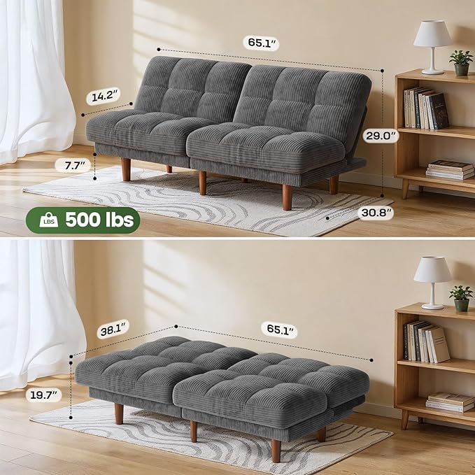 Marsail 65" Futon Sofa Bed, Convertible Small Recliner Sleeper Sofa Bed with Adjustable Backrest, Corduroy Loveseat Futon Couch for Small Apartments, Living Room Office, Guest Room (Grey)