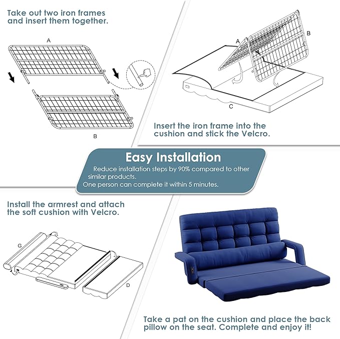 STHOUYN Comfy Bedroom Chair with 2 USB Charging Ports, 5-Position Floor Couch Gaming Chairs for Adults, Lounge Chair Indoor Folding Lazy Sofa Meditation Arm Dorm Chair Living Room (Navy Blue)