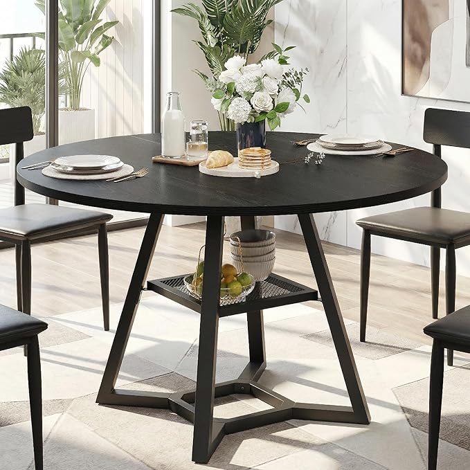 Round Dining Table for 4-6 with Storage Shelf, Kitchen & Dining Room Circle Pedestal Table, Heavy Duty Metal Frame & Wood Top