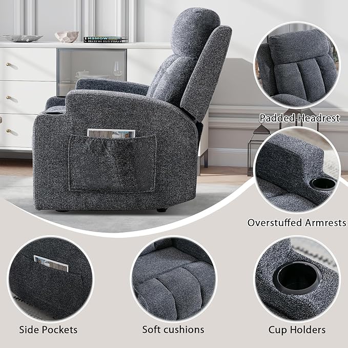 CANMOV Manual Massage Heat Recliner Chair Set of 2, Soft Fabric Recliner Chair with Overstuffed Arm and Back, Manual Reclining Single Sofa with 2 Cup Holders, Side Pocket for Living Room, Dark Grey