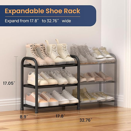 ENJOYBASICS Expandable Shoe Rack, 3 Tier Adjustable Shoe Organizer Shelf for Closet, Black Metal Free Standing Shoe Rack Storage for Small Space, Entryway | Adjustable, for Closet, Shoe Rack Storage, for Small Space, Entryway