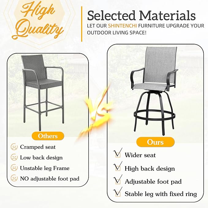 Shintenchi 2 Piece Patio Swivel Bar Chairs, All Weather Textile Outdoor Metal Bar Stools Patio Chairs Set of 2 with High Back, High Top Bistro Set Furniture for Balcony,Backyard,Garden,Deck,Light Grey