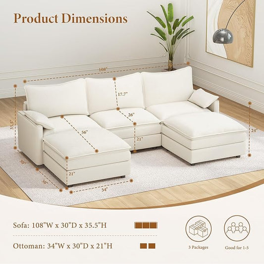 Vesgantti 108" U Shaped Sectional Couch, Comfy Cloud Modular Sectional Sofa with 2 Ottoman Deep Seat Chenille Modern Cloud Sofa, Modular Sofas for Living Room, Bedroom and Apartment, Snow White | Sink-in Comfort, Height Adjustable, Easy Rearrangement, ...