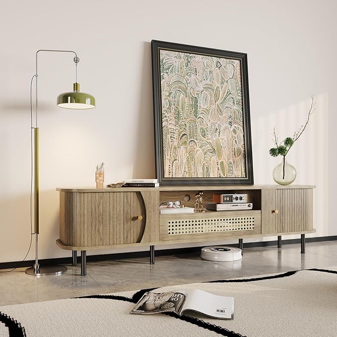 basenji 71" Fluted TV Stand with Sliding Doors & Rattan,Mid Century Modern Entertainment Center with Storage,Curved Edge Design,Media Console for TVs up to 85",TV Consoles for Living Room,Oak