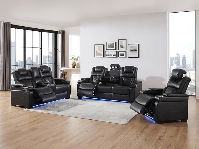 THSUPER Power Breathable Leather Reclining Sofa Set with 7-Color LED Light, Living Room Recliner Couch with Adjustable Headrest/Reading Light/USB Port/Wireless Charing/Bluetooth Speaker, Black