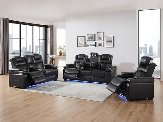 THSUPER Power Breathable Leather Reclining Sofa Set with 7-Color LED Light, Living Room Recliner Couch with Adjustable Headrest/Reading Light/USB Port/Wireless Charing/Bluetooth Speaker, Black
