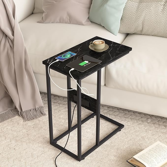 VECELO C-Shaped End Side Table Set of 2, with Charging Station & Two USB Ports and Outlets for Living Room, Bedroom, with Adjustable Feet for Couch/Sofa, Bedside, Small Spaces，Black Marble