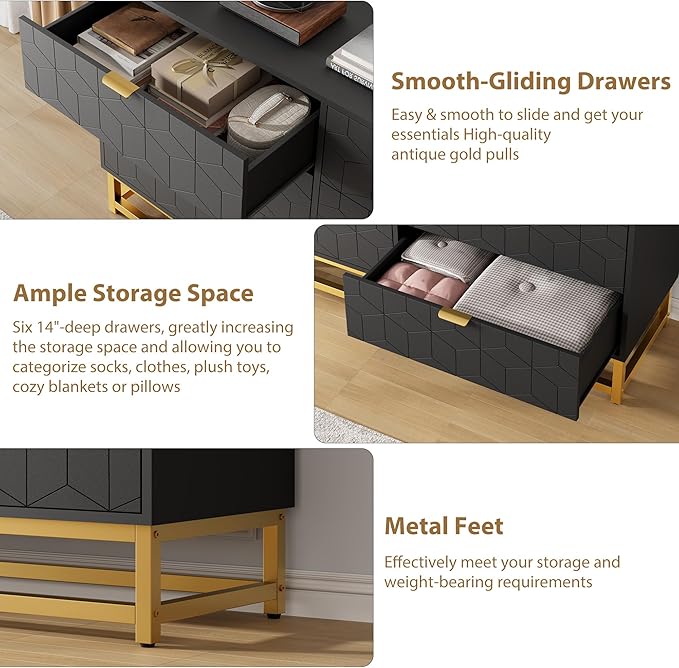 GAOMON Dresser for Bedroom, 53.5" Large Dresser Organizer, 6 Drawer with Golden Metal Handle and Legs, Modern Chest of Drawers, Black Dressers with Drawers for Closet, Hallway, Living Room, Entryway