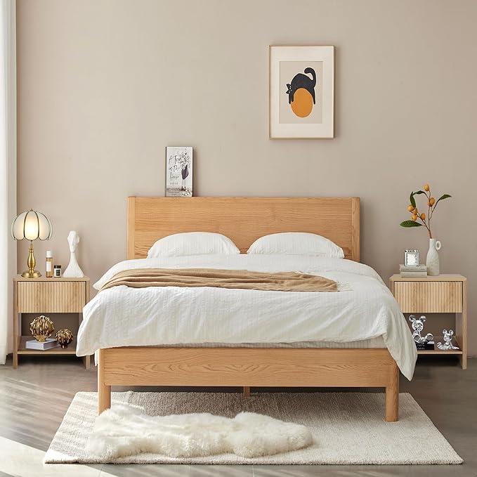 Fluted 1 Drawer Small Dresser for Bedroom, Mid Century Modern Nightstand with Drawers, Low Bedside Table with Drawers, End Table Short Storage, Living Room, Dorm -Natural