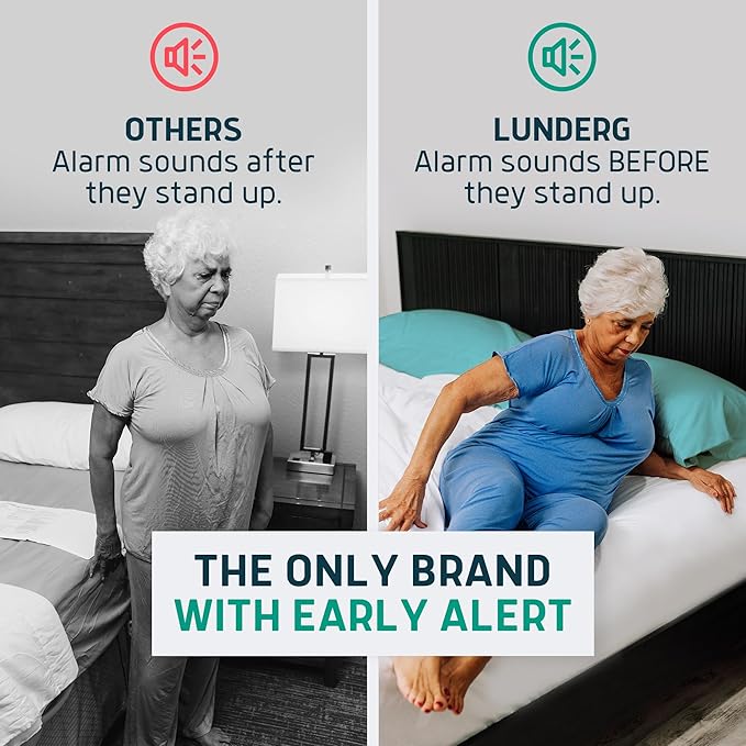Lunderg Early Alert Bed Alarm for Elderly Adults - Wireless Sensor Pad & Pager - with Pre-Alert Smart Technology - Safety Bed Alarms and Fall Prevention for Elderly and Dementia Patients