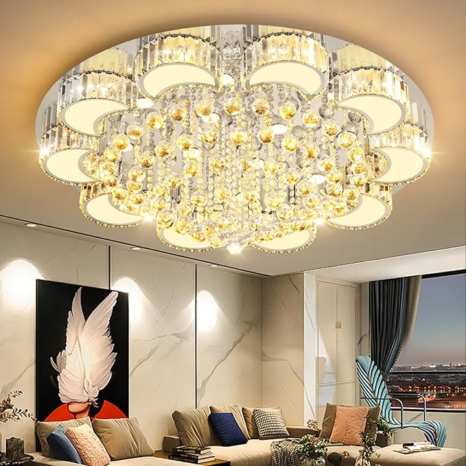 39.4'' Silver Modern Crystal Chandeliers for Dining Room LED Dimmable Light Fixtures Flush Mount Light Living Room Bedrooms