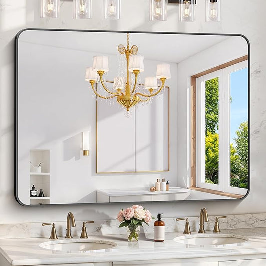 KOCUUY Black Mirror, 36x48 Inch Rectangle Bathroom Mirror with HD Tempered Glass, Anti-Rust Frame, Vanity Mirror with Rounded Corner for Bathroom, Living Room, Entryway, Hang Horizontal/Vertical