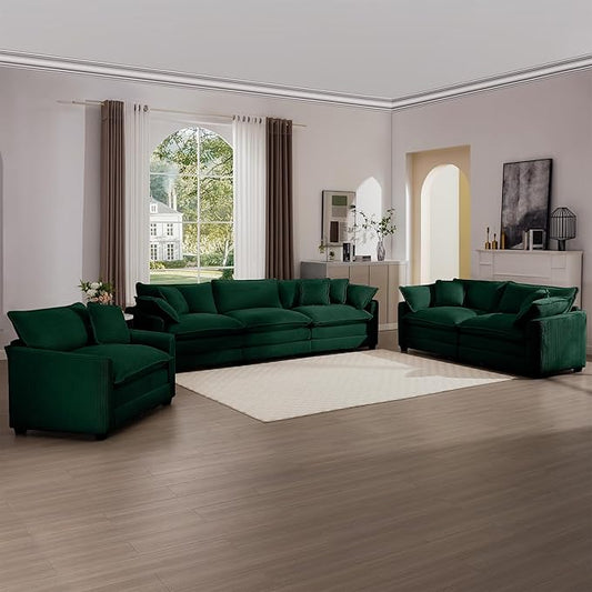 KEIKI 3-Piece Sofa Set with 1 Oversized Corduroy 3-Seater Sofa & 1 Loveseat & 1 Single Sofa, Upholstered 6-Seater Couch Set with 10 Pillow, High-Density Foam Cushions, for Living Room, Green
