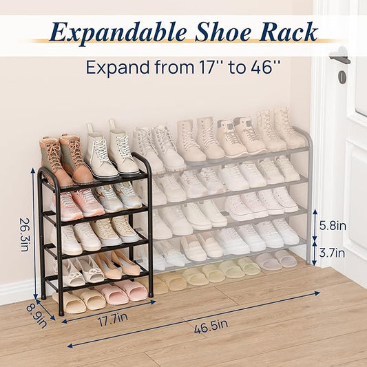 ENJOYBASICS Expandable Shoe Rack, 46.5'' Wide - 24 Pairs Adjustable Shoe Organizer Shelf for Closet, 4-Tier Black Metal Free Standing Shoe Rack Storage for Garage, Entryway