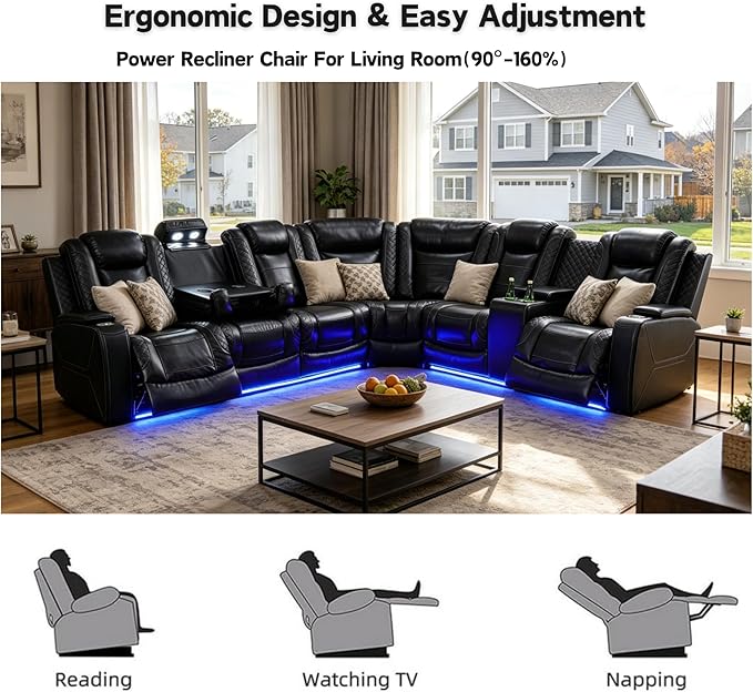 Power Recliner Sectional Sofa with LED Lights & Reading Lamps, Breathing Leather Corner Couch with USB Charging, Storage Console & Cup Holders in Every Armrest, Home Theater Seating for Living Room