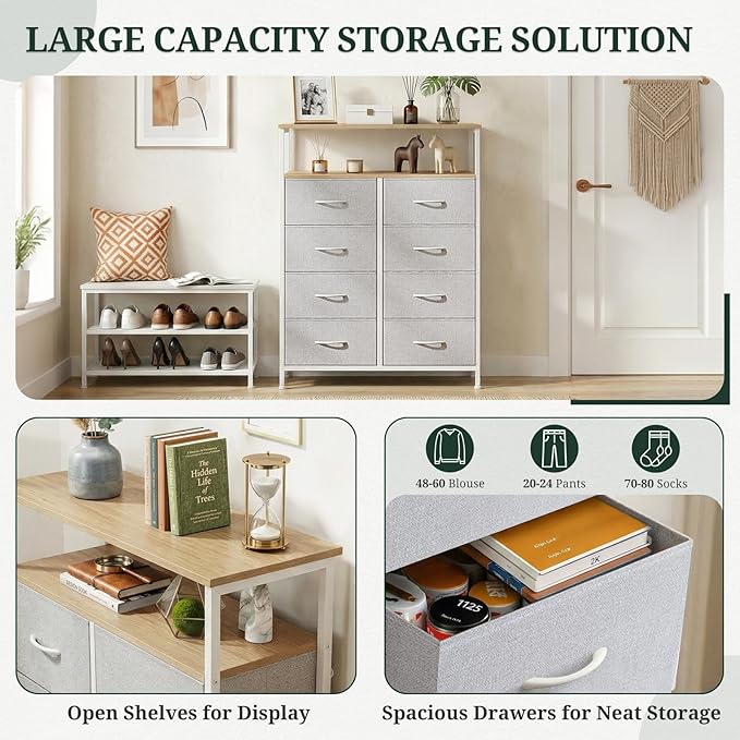 8 Drawers Dresser with Open Shelf, 46" Tall Storage Organizer Chest of Drawer with Wooden Top, Sturdy Metal Frame for Bedroom, Hallway, Living Room, Light Gray