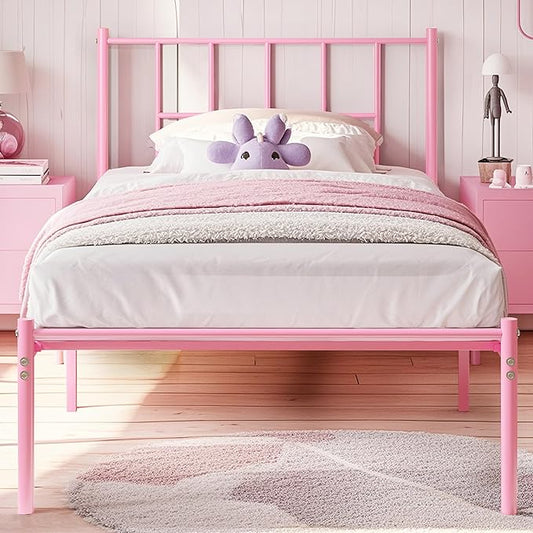 VECELO Twin Metal Platform Bed Frame with Headboard, Heavy Duty Steel Slat Support, Under Bed Storage,No Box Spring Needed, Easy Assembly