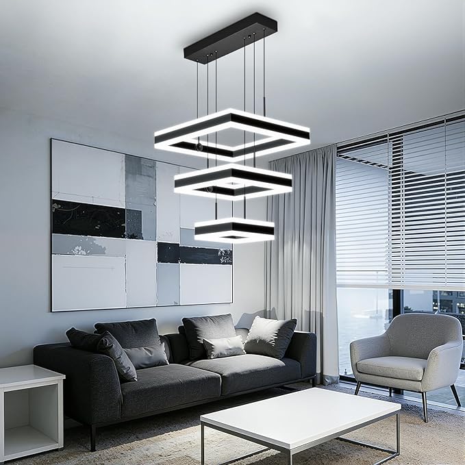 Modern Black Chandelier Foyer Ceiling Chandeliers 90W Dimmable LED Pendant Light Dining Room Light Fixture 3 Rings Square Chandelier for Kitchen Island Living Room Bedroom Hallway