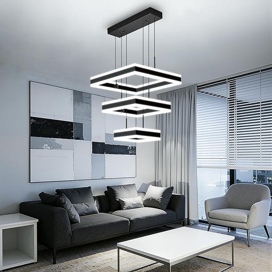 Modern Black Chandelier Foyer Ceiling Chandeliers 90W Dimmable LED Pendant Light Dining Room Light Fixture 3 Rings Square Chandelier for Kitchen Island Living Room Bedroom Hallway
