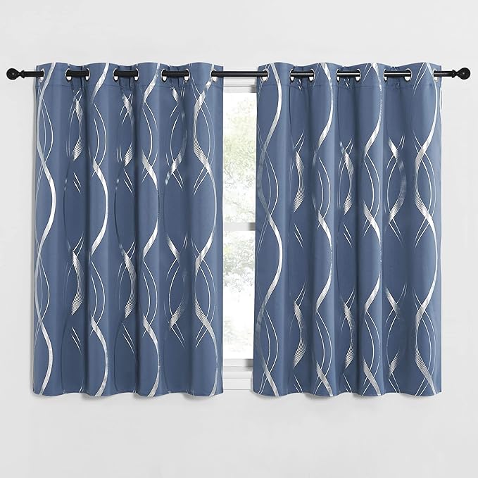 NICETOWN Blackout Short Curtains Panels for Bedroom, Microfiber Noise Reducing Thermal Insulated Wave Line Foil Print Design Drapes for Office, Classroom (Stone Blue, 2 Panels, 52 x 54 Inch)