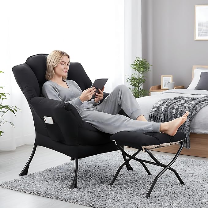 Lazy Chair with Ottoman, Comfy Fabric Accent Lounge Arm Chair with Lumbar Pillow and Folding Footrest, Reading Leisure Sofa Chair for Bedroom, Living Room, Dorm,Black