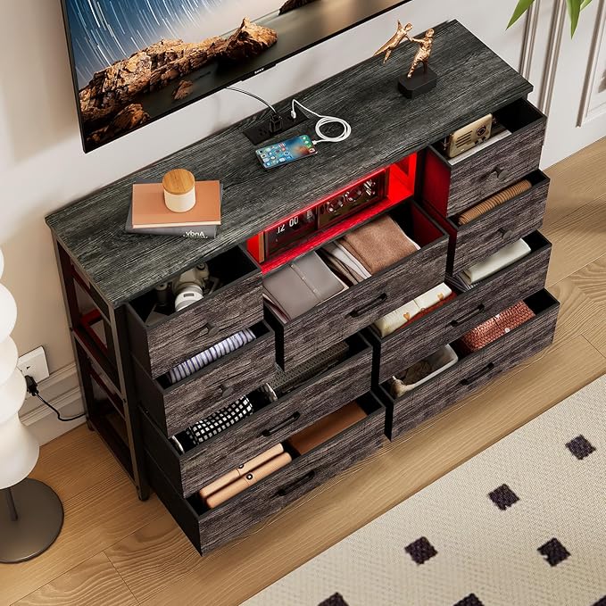 Dresser for Bedroom with 9 Drawers, Grey Storage Organizer TV Stand for 55" TV with LED Lights and Sockets, Fabric Chest of Drawers with PU Finish for Kid Room, Entryway, Living Room, Hallway