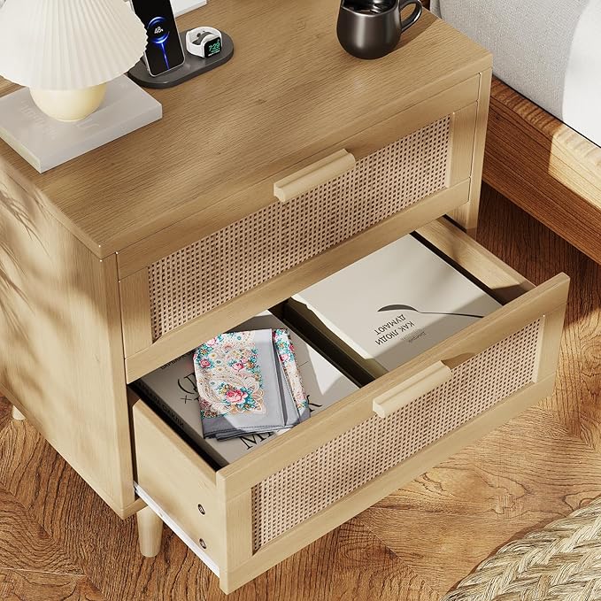 Rovaurx Rattan Nightstand with 2 Drawers, 23.6" Wide Bedside Table Night Stand with Charging Station, End Table for Bedroom, Boho Side Table with Solid Wood Legs for Bedroom, Modern Natural RCTG111ME