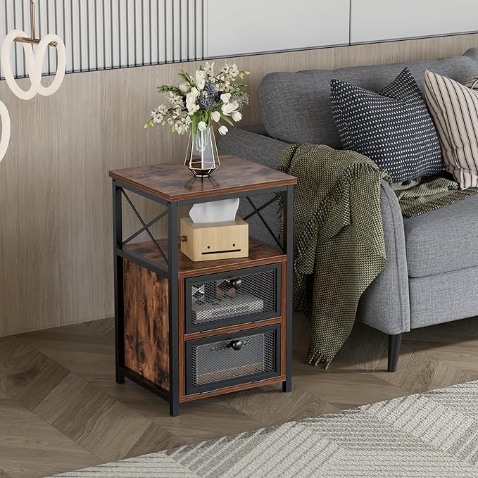 VECELO End Side Table, Modern Night Stand with Storage Space and Door, Set of 2 Nightstands for Living Room,Bedroom,Lounge, Brown