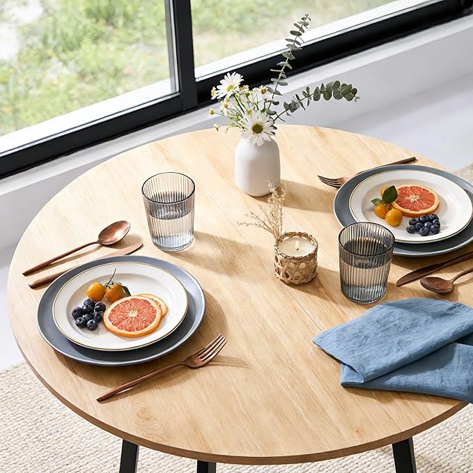 Karl home 35.4in Small Dining Table, Round Dining Table with Wood Finish Steel Legs, Circle Dinner Tables for Small Space, Apartment, Office, Kitchen, for 2 to 4 Person-Natural