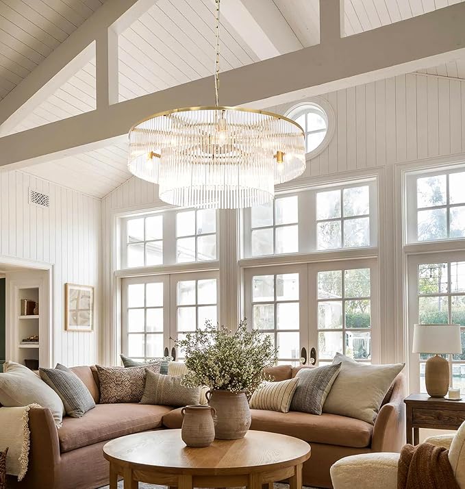 Contemporary Brass Dining Room Chandelier 2 Tier Crystal Glass Chandeliers Lighting Light Fixture Ceiling Entryway Bedroom Kitchen Entryway 10 Lights Round 32"