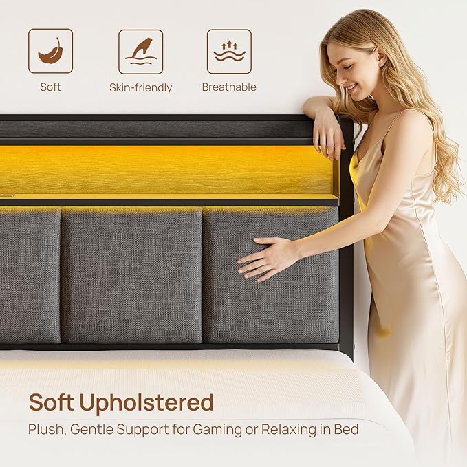 Rolanstar Bed Frame Queen Size with Charging Station and LED Lights, Upholstered Storage Headboard with Drawers, Heavy Duty Metal Slats, No Box Spring Needed, Noise Free, Easy Assembly, Dark Grey