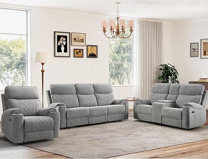 HAOMARKETS 3-Piece Power Recliner Sofa Set with Charging Port, Include Single Recliner Chair, 2-Seater Loveseat Reclining Couch and 3-Seater Reclining Sofa with Cup Holders for Living Room, Light Grey