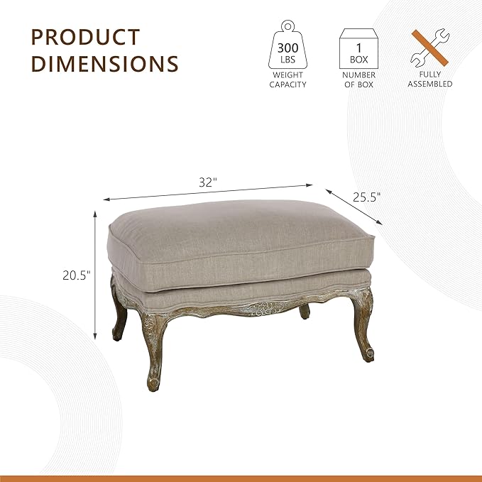 Lexicon Parlier Show Wood Ottoman - Rectangle Ottoman Pouf Foot Rest, Floral Motif, Solid Wood Frame, Feathered Down Filled Cushion, Fully Assembled, 32" L x 25.5" W x 20.5" H, Neutral
