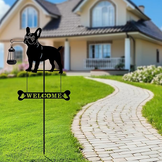 Tfro & Cile Solar Light Garden Stake 45 Inch Black French Bulldog Welcome Sign Decorative Dog Lantern Ornament Outdoor Garden Decor for Lawn Yard Patio