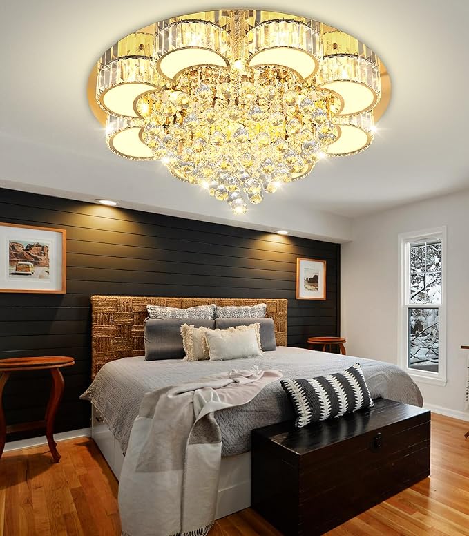 31.4'' Gold Modern Crystal Chandeliers for Dining Room LED Dimmable Light Fixtures Flush Mount Light Living Room Bedrooms