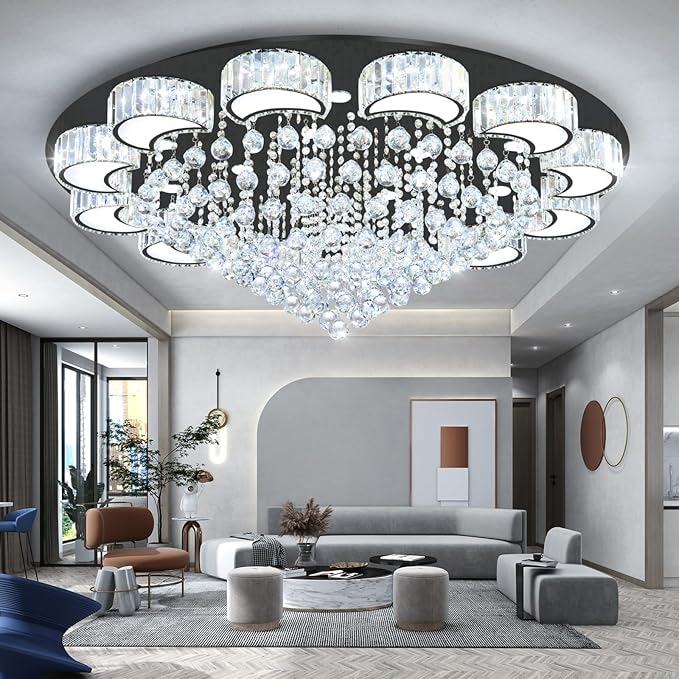 47'' Black Modern Crystal Chandeliers for Dining Room LED Dimmable Light Fixtures Flush Mount Light Living Room Bedrooms