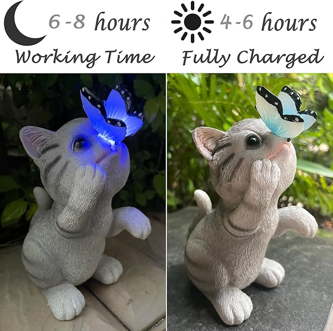 Solar Cat Outdoor Figurines Garden Decor with Butterfly Light for Lawn Ornaments Porch Patio Balcony Yard Decorations Outdoor Birthday Gifts for Women Grandma Mother’s Day