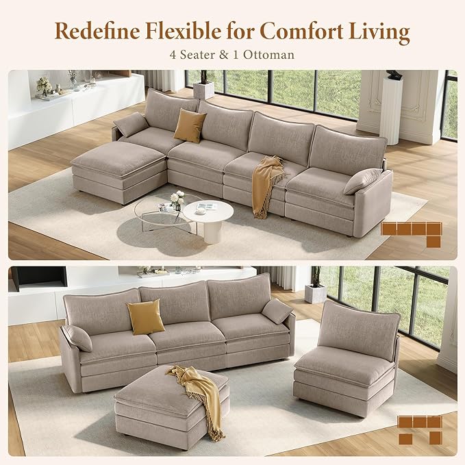 Vesgantti 142" Cloud Couch Sectional Modular Sofa, Comfy Sectional Couch with Ottoman Deep Seat Chenille L Shaped Sofa, Modular Couches for Living Room, Bedroom and Apartment, Light Brown | Sink-in Comfort, Height Adjustable, Easy Rearrangement, Extra-...