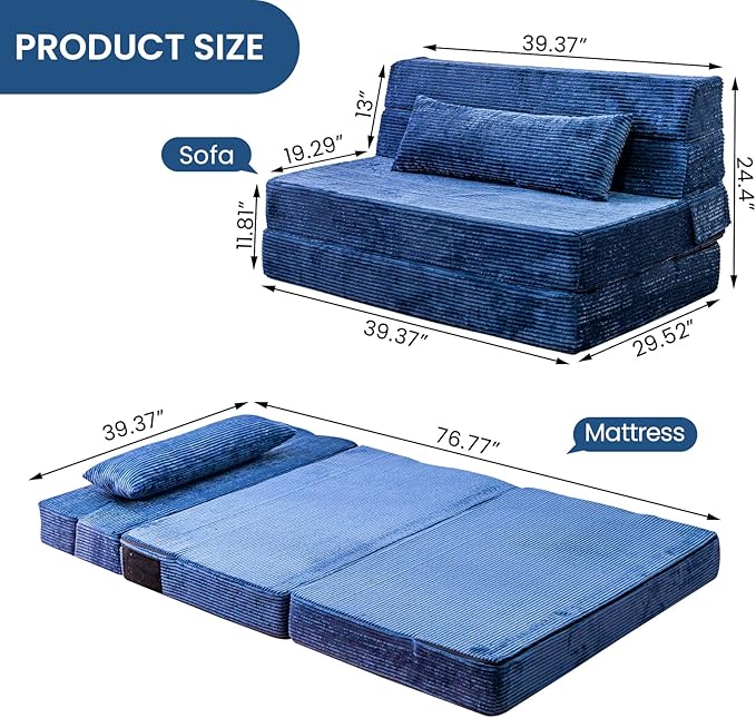 Cvortll Folding Sofa Bed, Convertible Sleeper Chair with Pillow, High Density Memory Foam Fold Out Couch, Foldable Mattress Futon Sofa for Living Room/Dorm/Guest Use/Apartment/Home Office