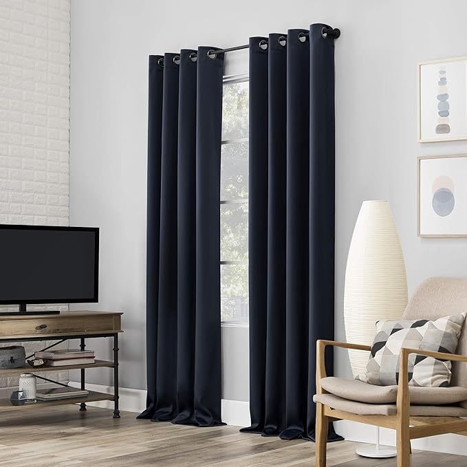 Sun Zero Nordic 2-pack Theater Grade Extreme 100% Blackout Grommet Curtain Panel Pair, 52" x 96", Navy Blue