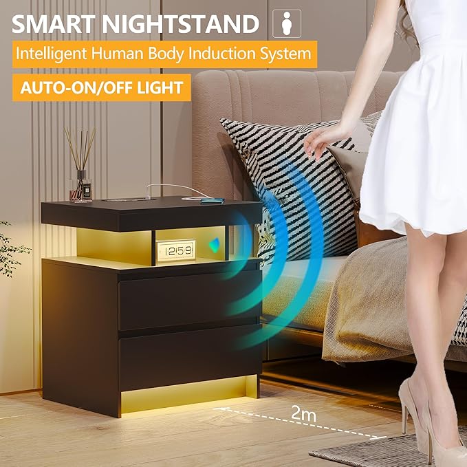 dnbss Nightstand with Charging Station and LED Light, Modern Night Stand with 2 Drawers, Smart Nightstand with USB Ports and Wireless Charger, Bedside Table for Bedroom (Black)