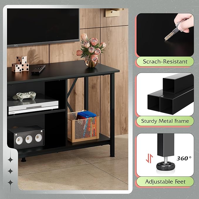 WLIVE Industrial TV Stand for up to 45 inch TV, Heavy-Duty Metal Frame Entertainment Center, Compact Media Console with Adjustable Shelf & Cable Management for Small Spaces, Living Room, Black