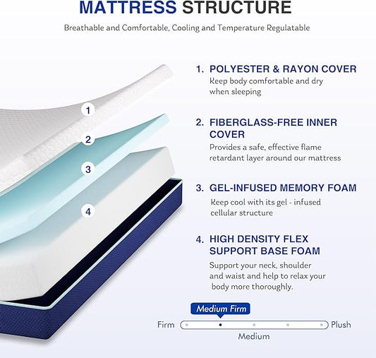 8 Inch Queen Size Mattress, Gel Cooling Memory Foam Mattress in A Box, Medium Firm Feel for Back Pain Relief, CertiPUR US Certified