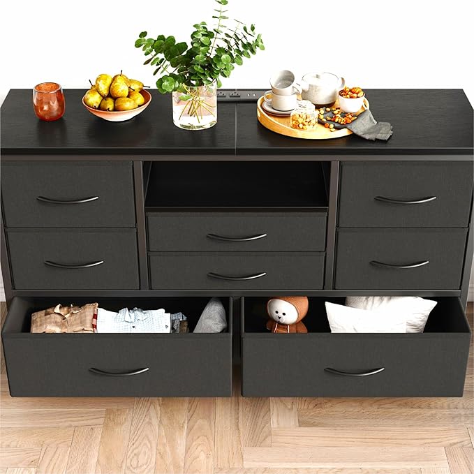 Jojoka 8-Drawer LED Dresser TV Stand with Power Outlet for 55'' TV - Wide Storage Chest for Bedroom, Living Room & Entryway, Wood Top Console Table with 22 Light Modes